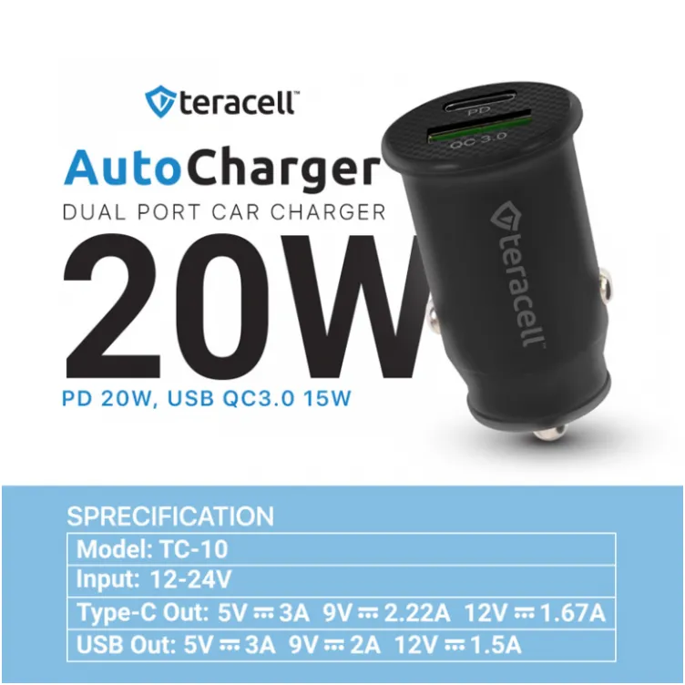 Auto punjac Teracell Evolution TC-10 PD 20W, USB QC3.0 15W crni