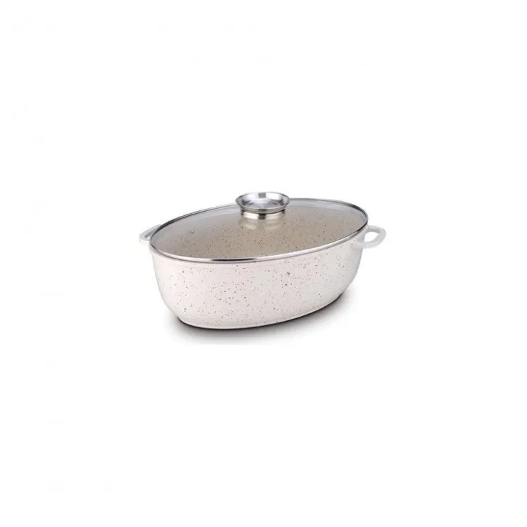 Pekač 38CM sa nelepljivim premazom beli sa staklenim poklopcem 